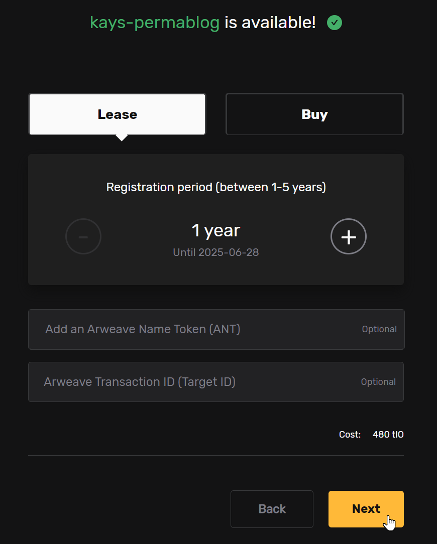 Figure 2: Registering an ArNS name